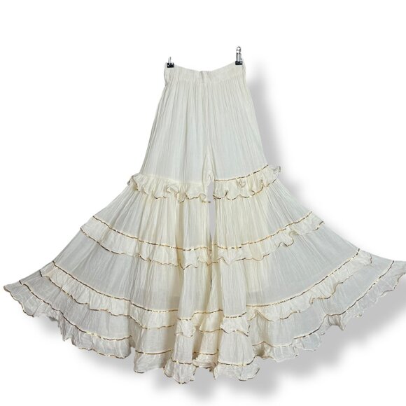 Sharara Bottoms Pants Tiered Gold Trim Flared Voluminous Off-White Elastic Waist - Picture 4 of 16